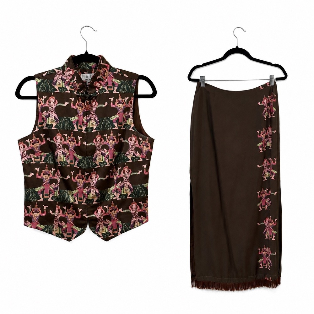 VTG Tapp New York Silk Vest Skirt Set Brown Thai Dancer Print Boho Artsy Sz M 10